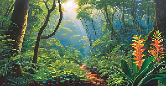 A panoramic view of a lush green forest with various plants and trees, under a bright blue sky.