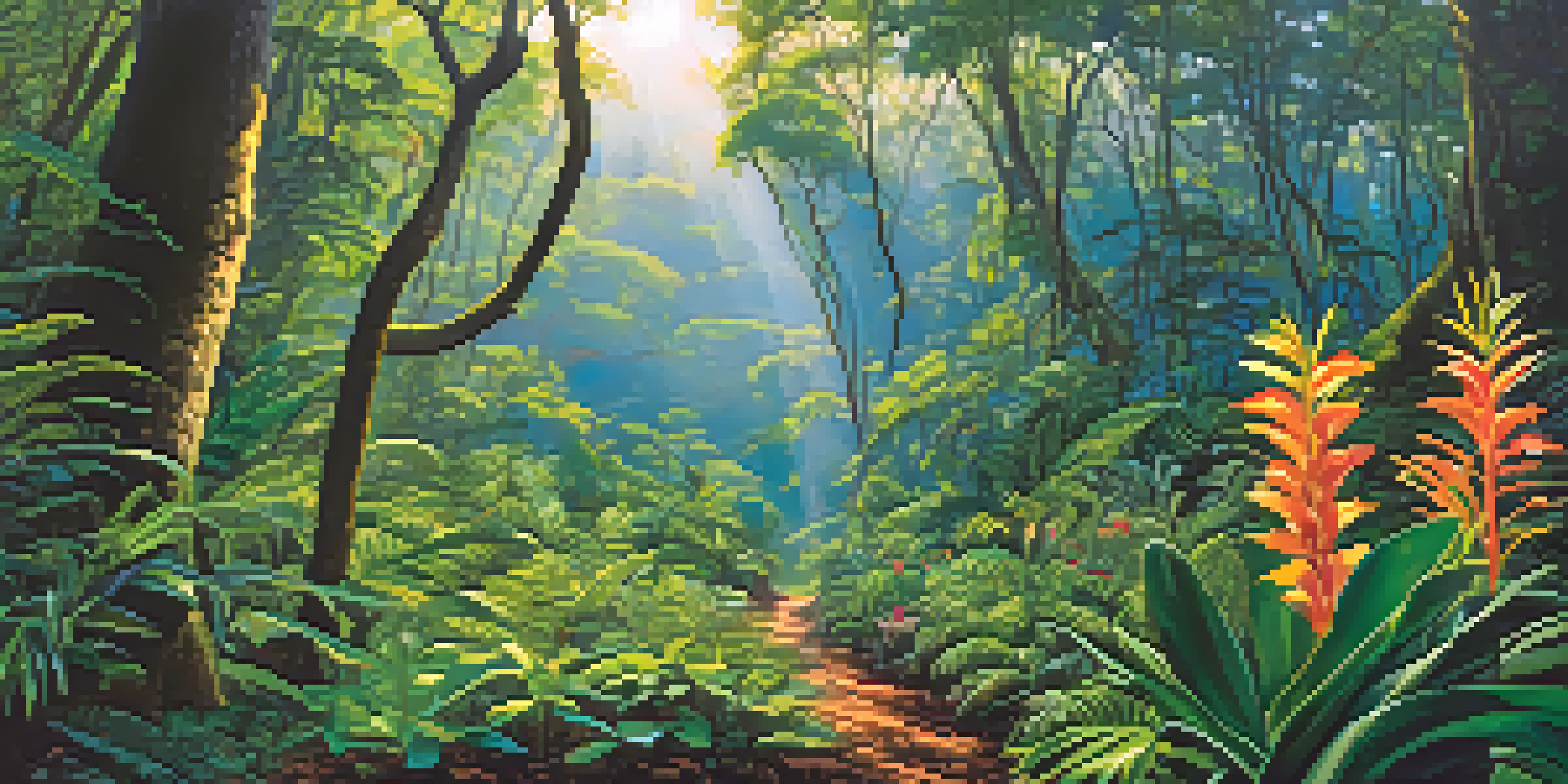 A panoramic view of a lush green forest with various plants and trees, under a bright blue sky.
