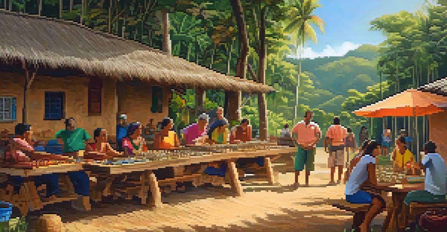 Local community members showcasing traditional crafts to tourists in a Brazilian village, surrounded by lush greenery and vibrant colors.