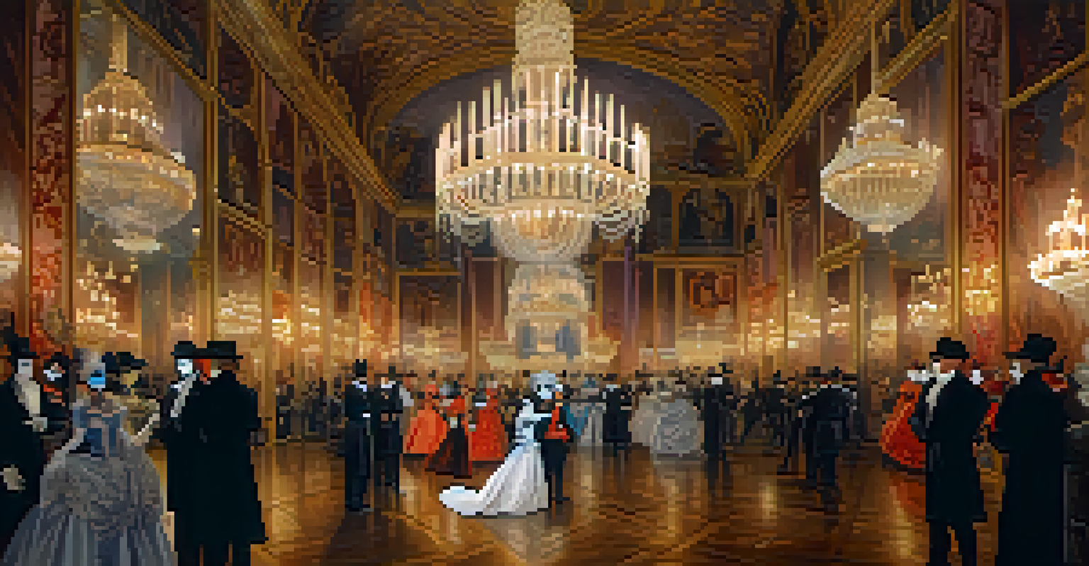 A masked ball in Venice with elegantly dressed individuals and beautiful decorations in a ballroom.