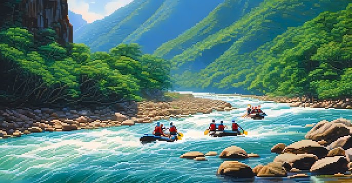 An action-packed scene of rafters in a blue river navigating through rapids, surrounded by lush greenery and rocky cliffs, with sunlight filtering through the trees.