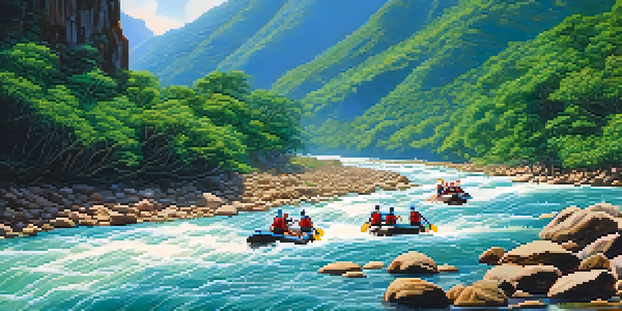 An action-packed scene of rafters in a blue river navigating through rapids, surrounded by lush greenery and rocky cliffs, with sunlight filtering through the trees.