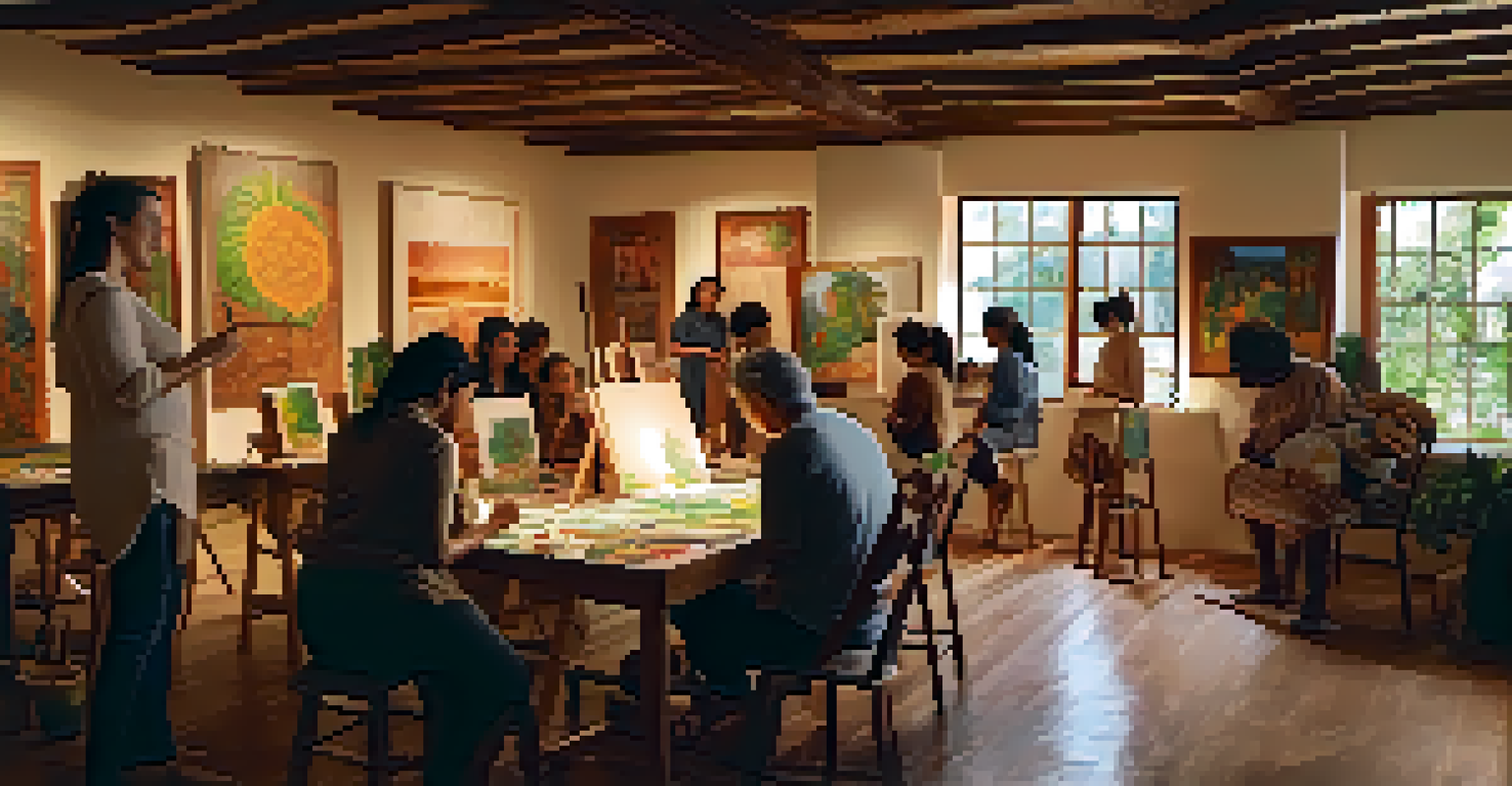 A cozy art workshop in Brazil, with a painter guiding participants creating art, surrounded by traditional folk art and warm lighting.