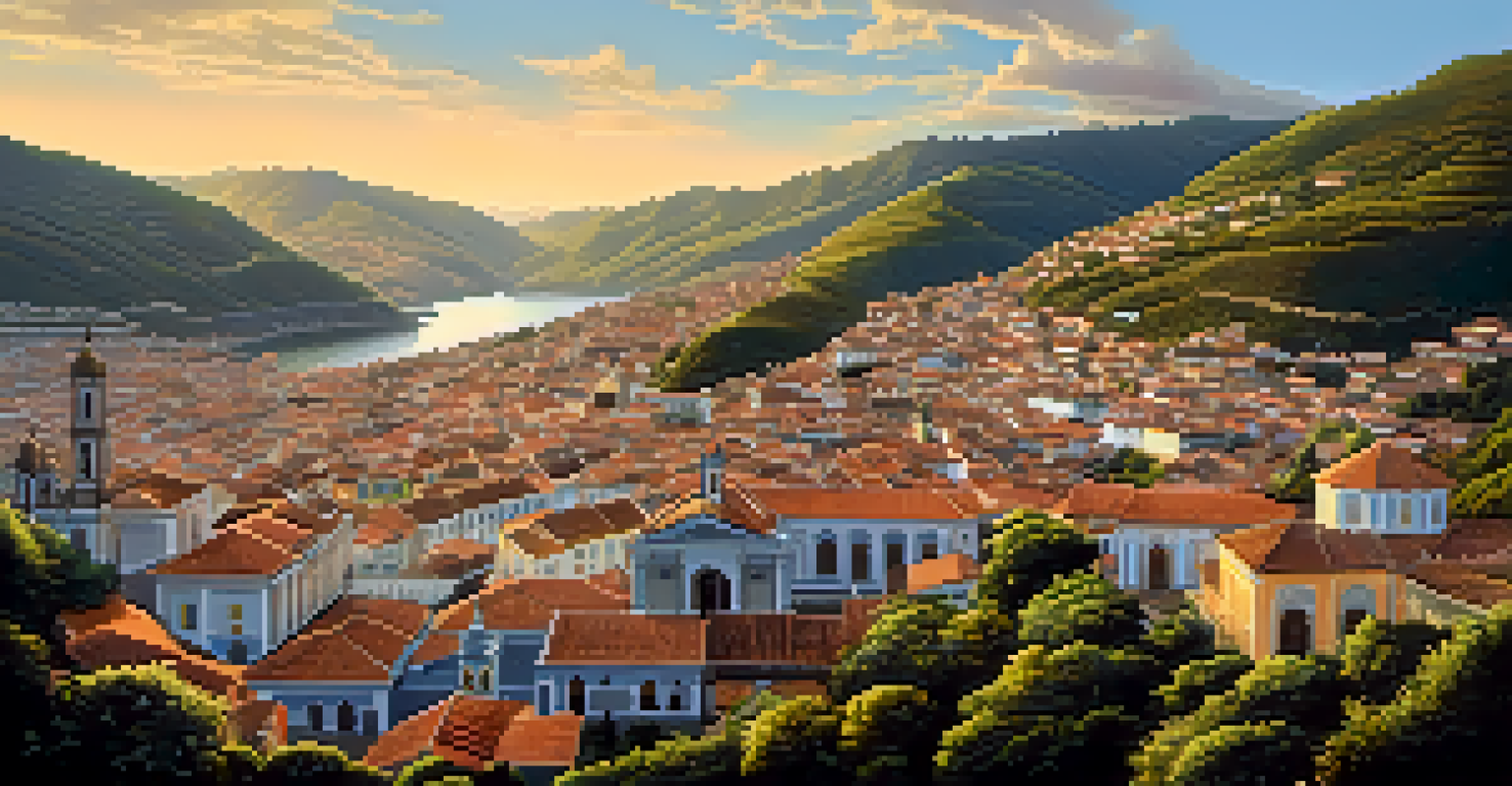 Aerial view of Ouro Preto, Brazil, emphasizing baroque architecture, steep hills, and the Church of São Francisco de Assis under warm afternoon light.