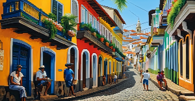 A lively street scene in Salvador, Brazil, featuring colorful colonial buildings and people enjoying local food.