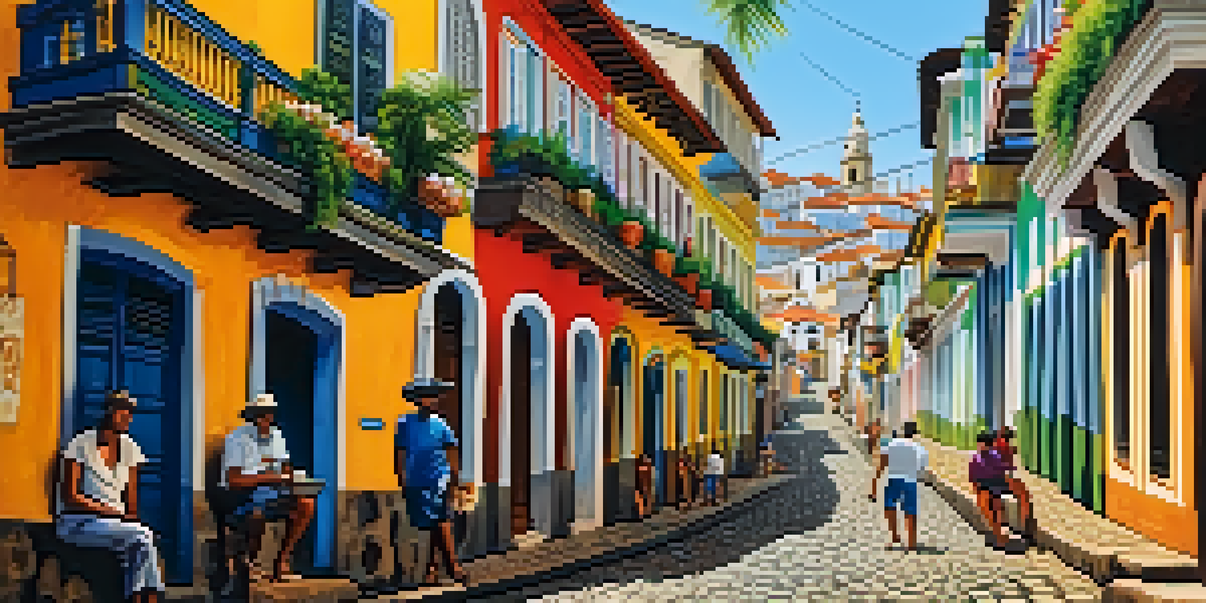 A lively street scene in Salvador, Brazil, featuring colorful colonial buildings and people enjoying local food.