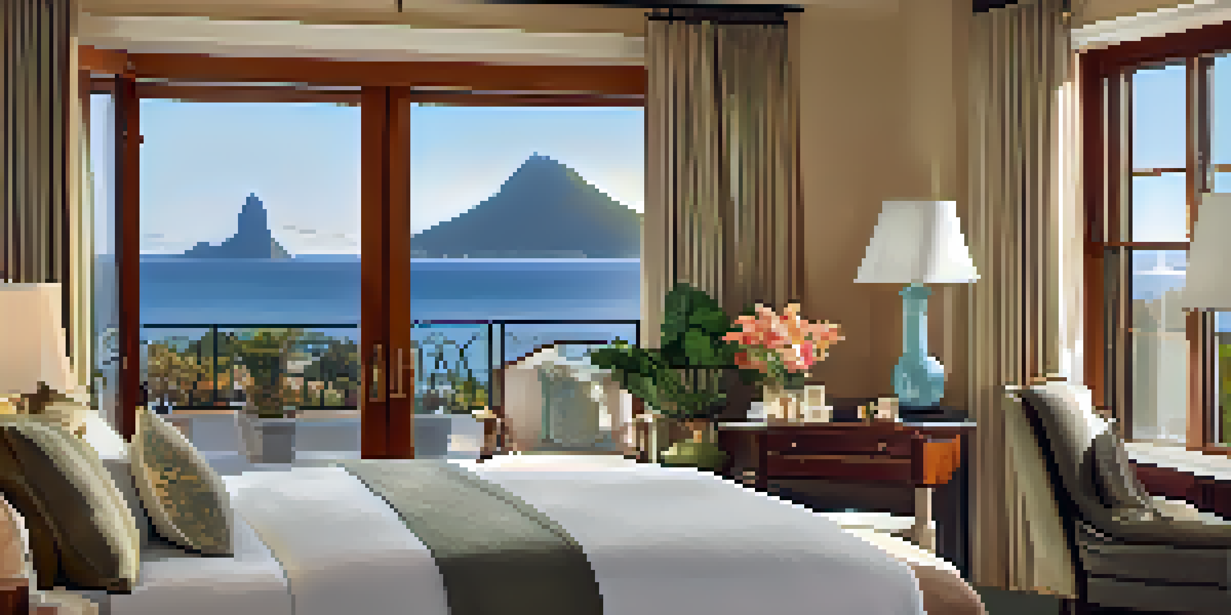 A beautifully decorated hotel room with a view of Sugarloaf Mountain and the ocean, bathed in soft morning light.