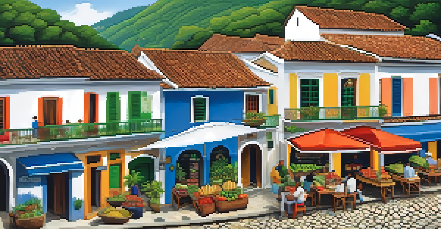 The colorful colonial buildings of Paraty, with cobblestone streets and market stalls set against lush hills and the ocean.