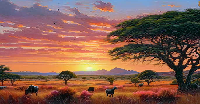 A wide view of the Cerrado region during sunset, with colorful sky and unique trees, grasslands, and distant animals.