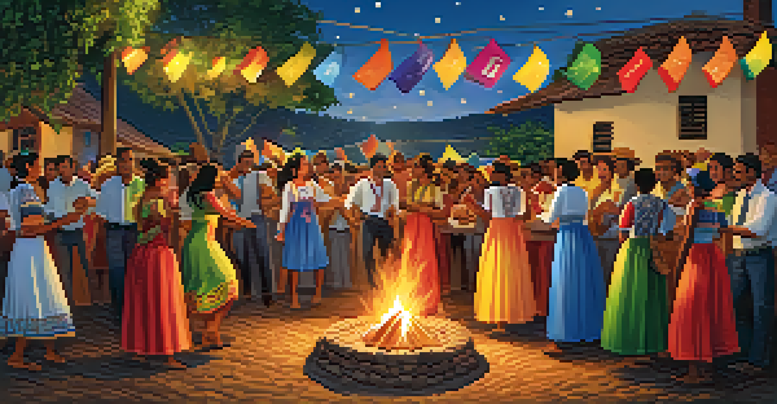A festive rural scene depicting people in traditional clothes celebrating Festa Junina around a bonfire.