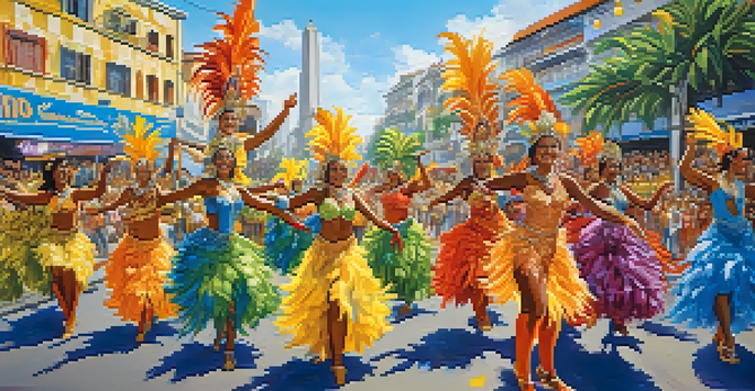 A lively Carnival scene in Rio de Janeiro with dancers in colorful costumes and a festive crowd.