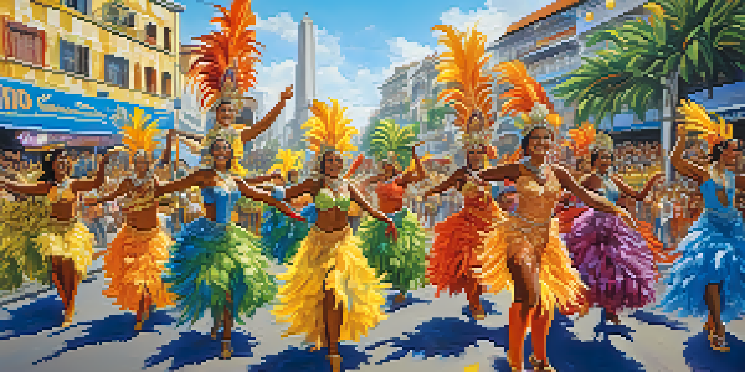 A lively Carnival scene in Rio de Janeiro with dancers in colorful costumes and a festive crowd.