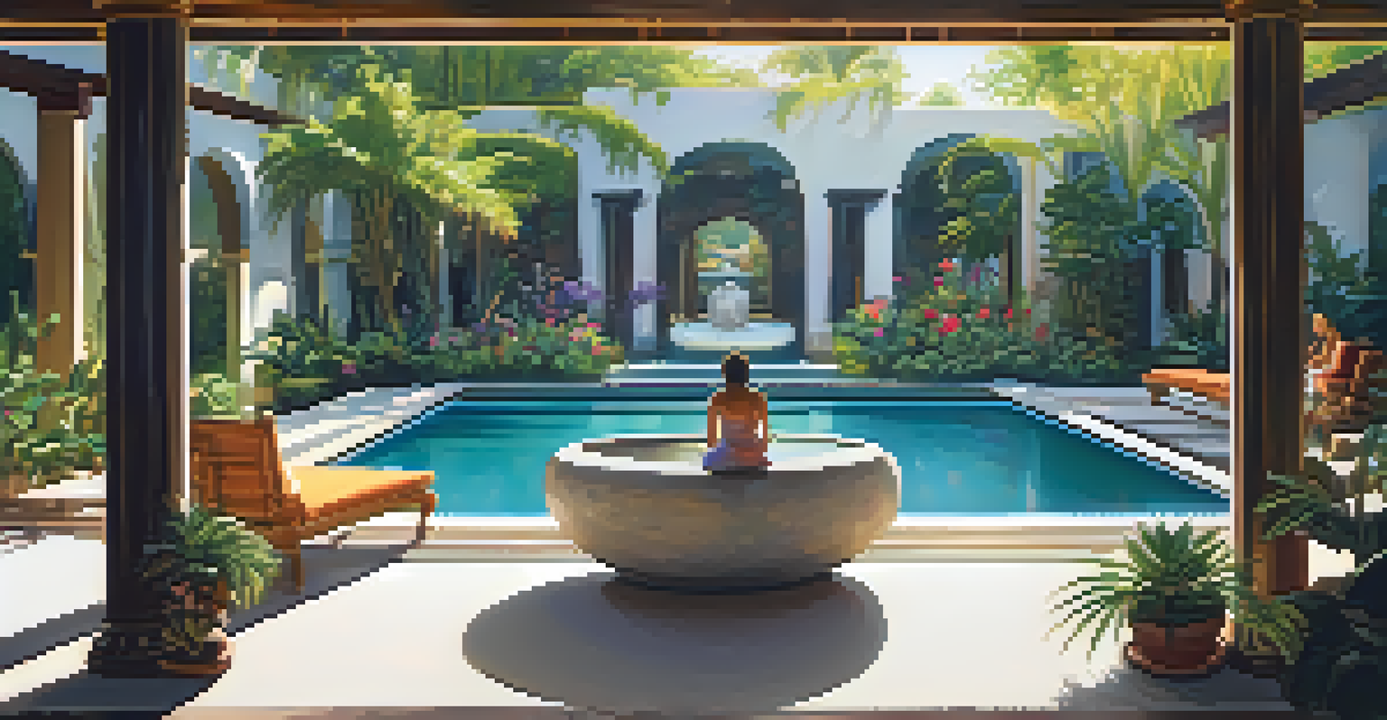 An artistic hotel garden with a serene pool area, colorful flowers, and unique sculptures. Guests enjoy a peaceful retreat in a tranquil atmosphere.