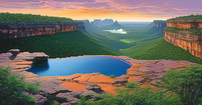 A breathtaking sunset view of Chapada Diamantina, with colorful skies reflected in a clear natural pool, framed by dramatic cliffs and lush vegetation.
