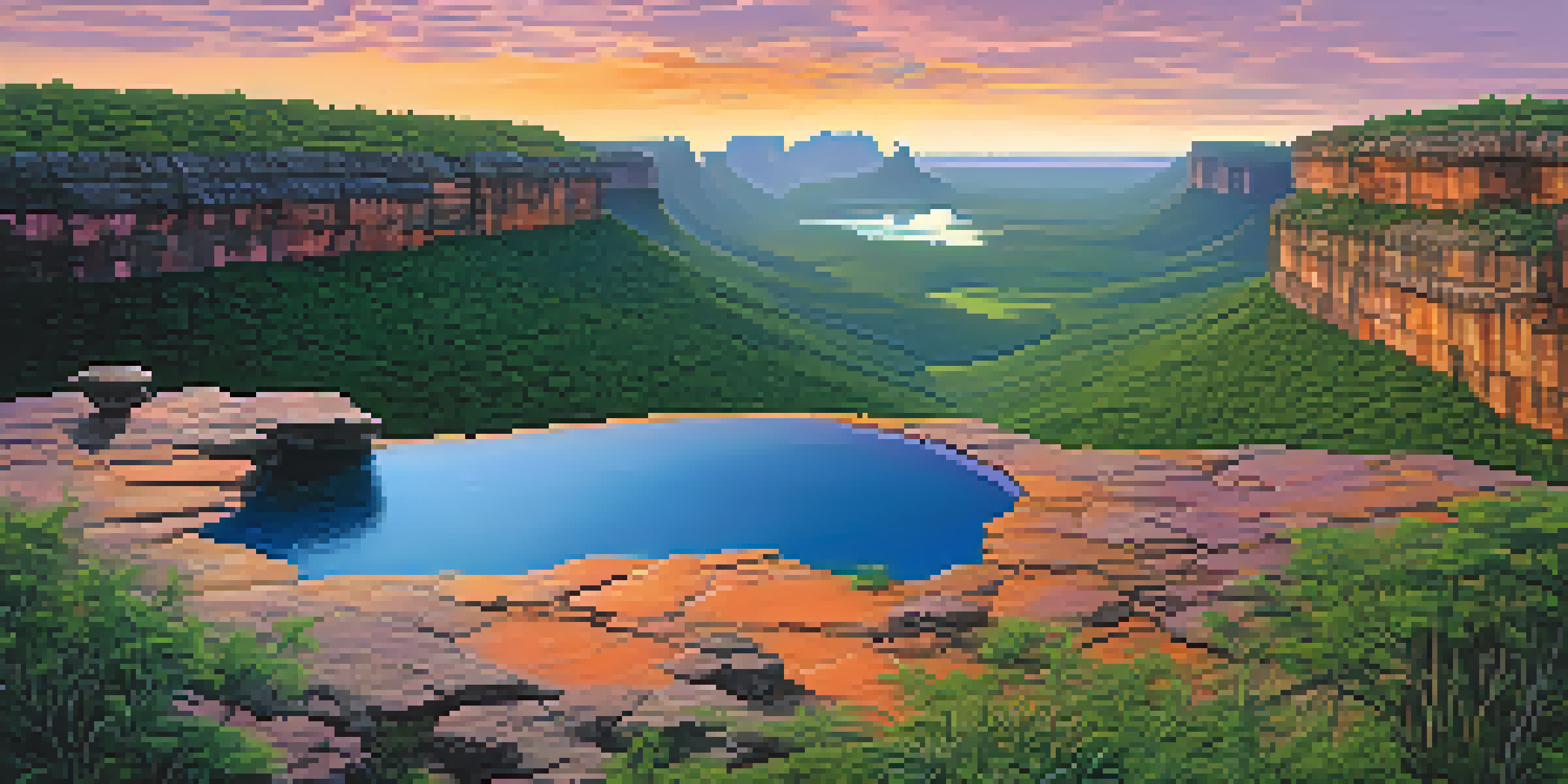 A breathtaking sunset view of Chapada Diamantina, with colorful skies reflected in a clear natural pool, framed by dramatic cliffs and lush vegetation.