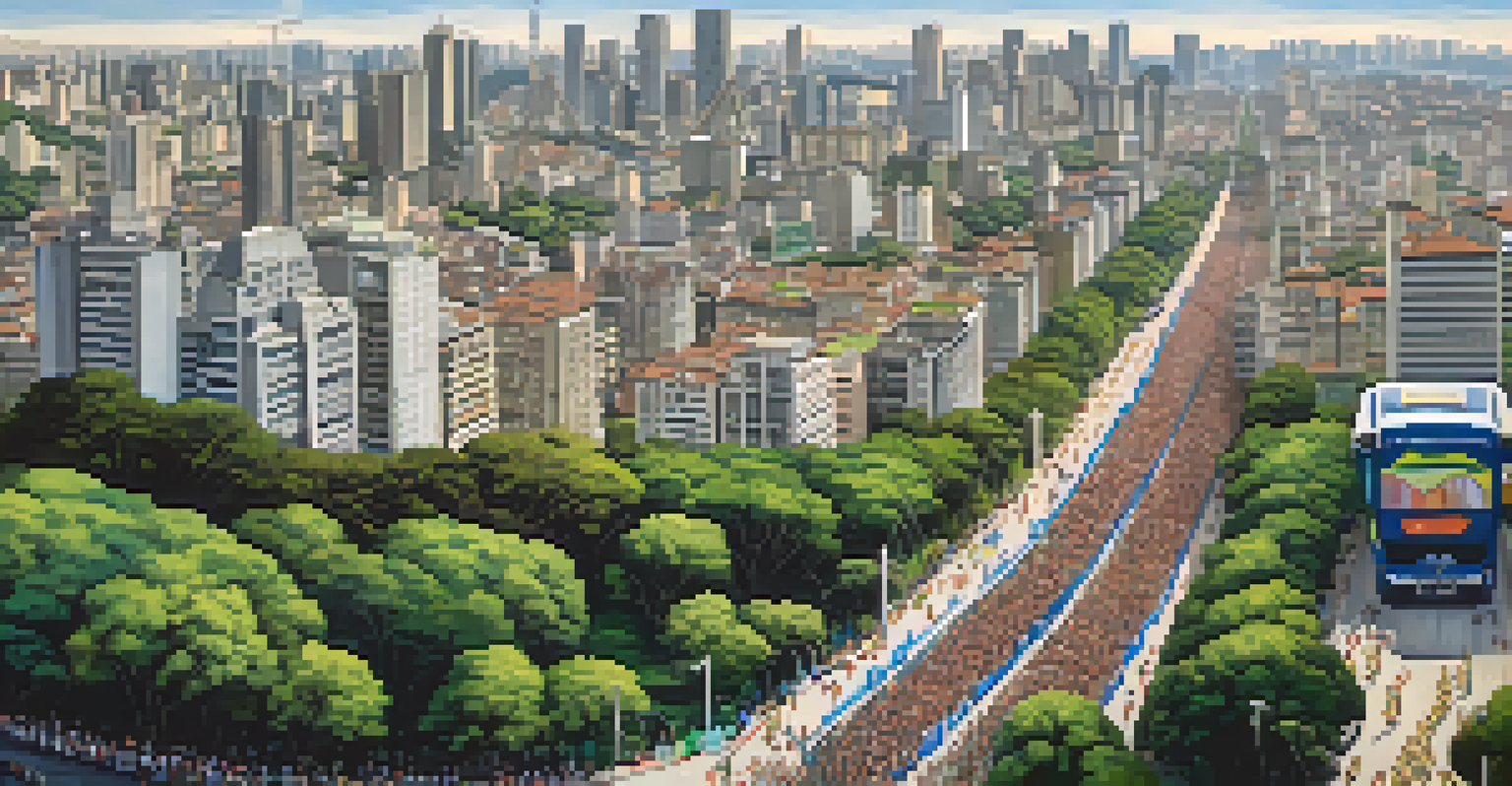 Aerial view of São Paulo during the Granfondo cycling event, with cyclists racing through streets and the city skyline in the background, surrounded by cheering crowds.