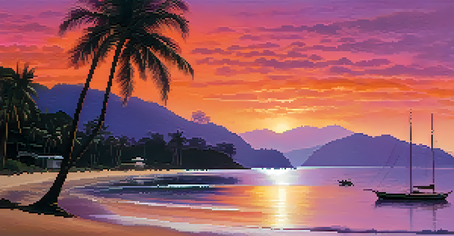 A beautiful sunset over a tranquil beach in Paraty, with palm trees silhouetted against a colorful sky.