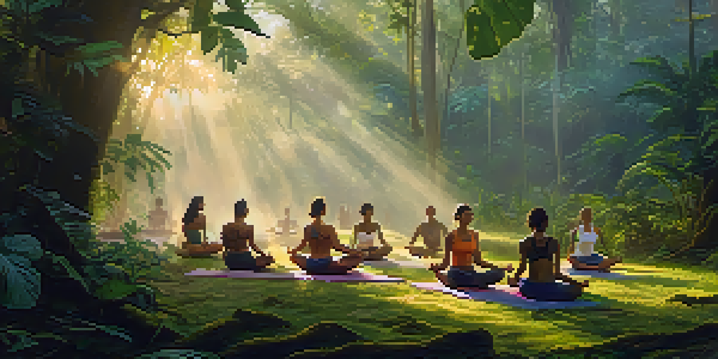 A peaceful scene in the Amazon rainforest at sunrise, featuring people practicing yoga surrounded by lush greenery and soft sunlight.
