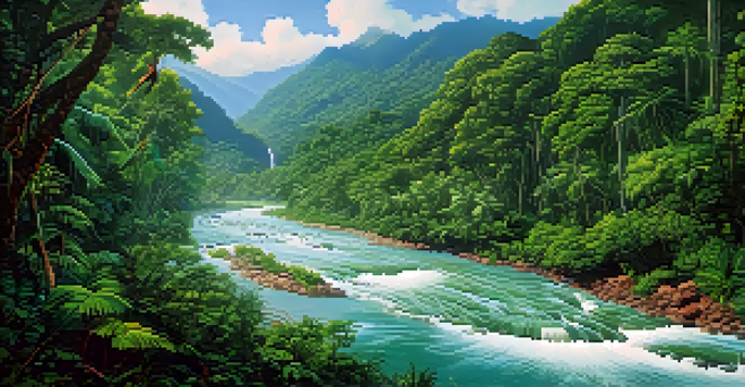 A scenic view of the Rio Futuro river with rapids and jungle scenery, featuring birds and sunlight filtering through trees.