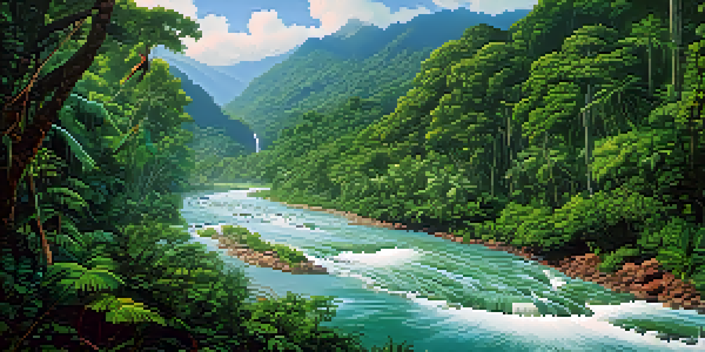 A scenic view of the Rio Futuro river with rapids and jungle scenery, featuring birds and sunlight filtering through trees.