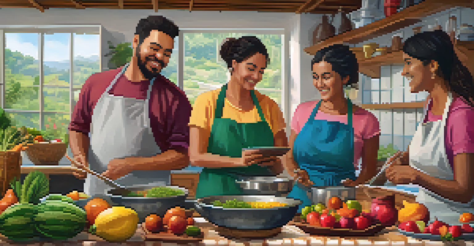 A local Brazilian family engaged in a cooking class, surrounded by fresh ingredients and a warm, inviting kitchen atmosphere.