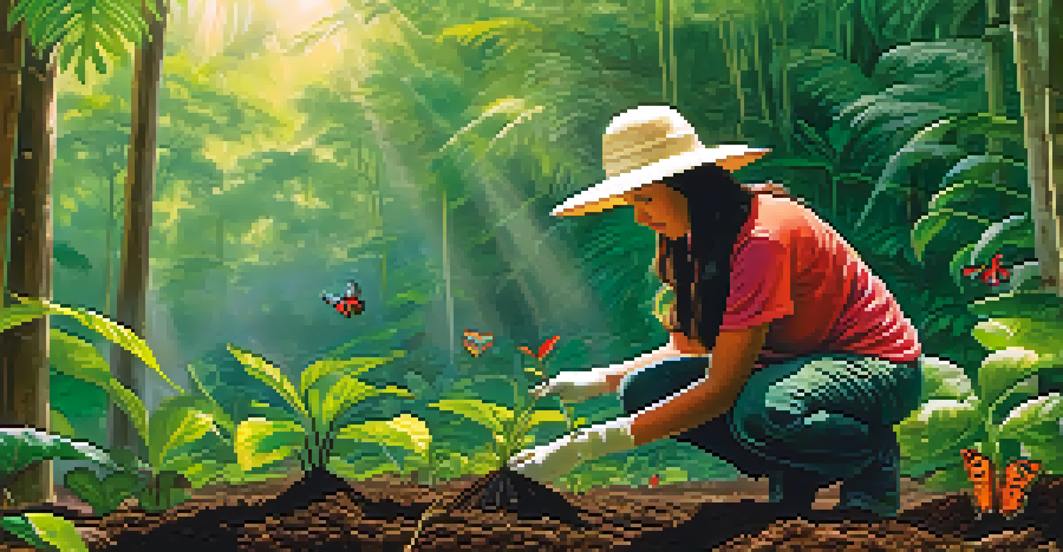 A volunteer planting a sapling in the Amazon rainforest, surrounded by rich vegetation and sunlight filtering through the canopy.
