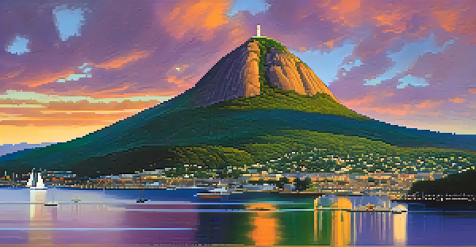 A sunset view of Sugarloaf Mountain, featuring vibrant colors in the sky and a glistening harbor below.