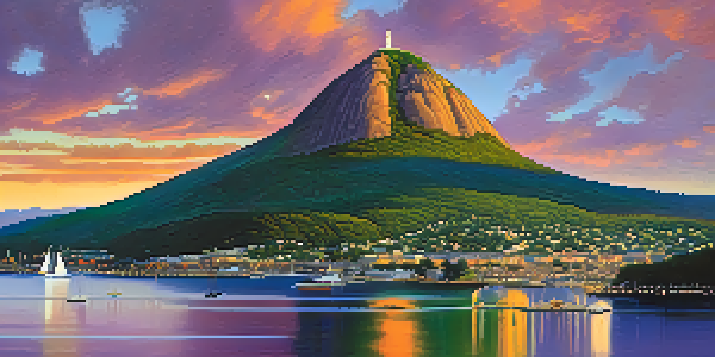 A sunset view of Sugarloaf Mountain, featuring vibrant colors in the sky and a glistening harbor below.