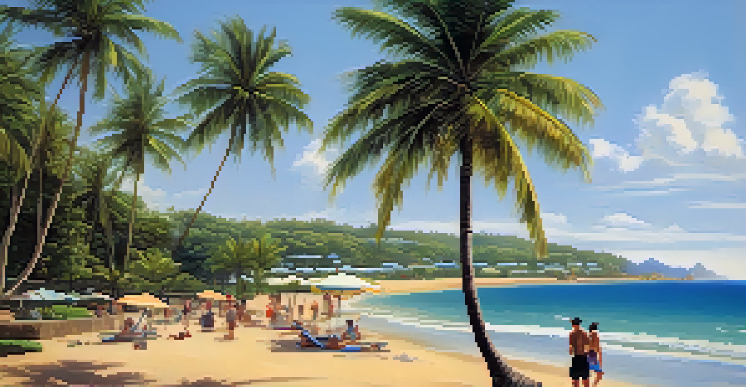 A serene view of Jardim de Alah Beach with calm waves and green parks.