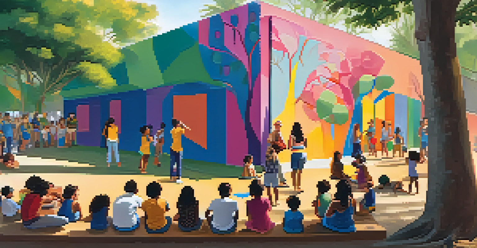 A workshop scene at the Luz e Som festival, featuring local artists and attendees collaborating on a large mural in a sunny outdoor setting.