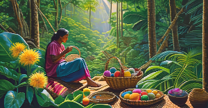 A Guarani artisan weaving a colorful basket in a green forest, with sunlight filtering through the trees.