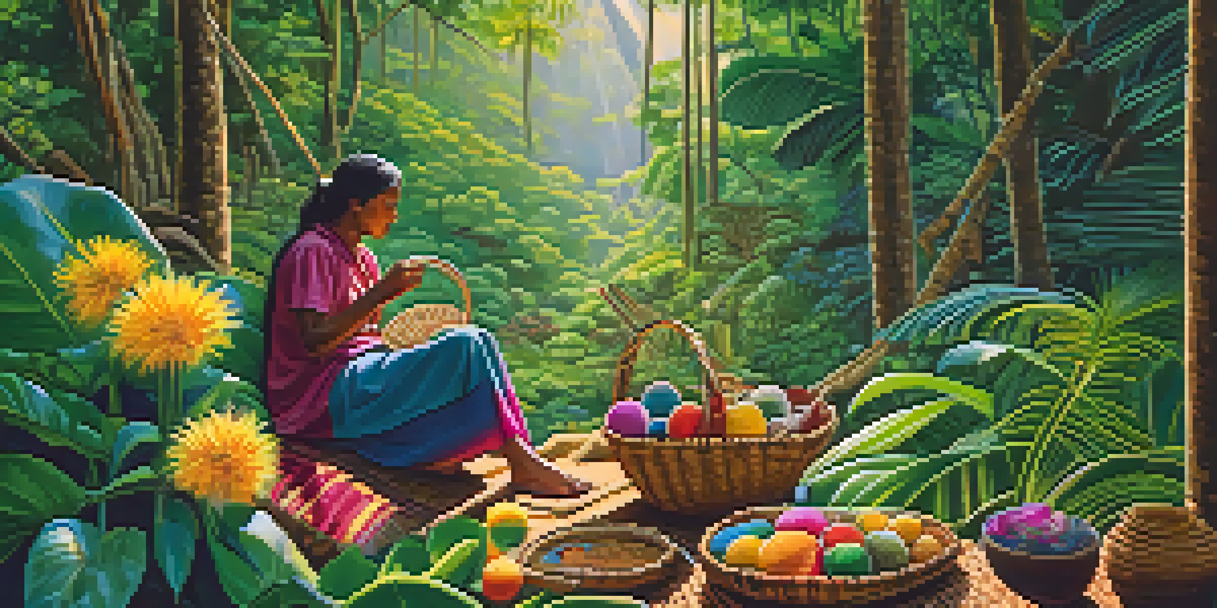 A Guarani artisan weaving a colorful basket in a green forest, with sunlight filtering through the trees.