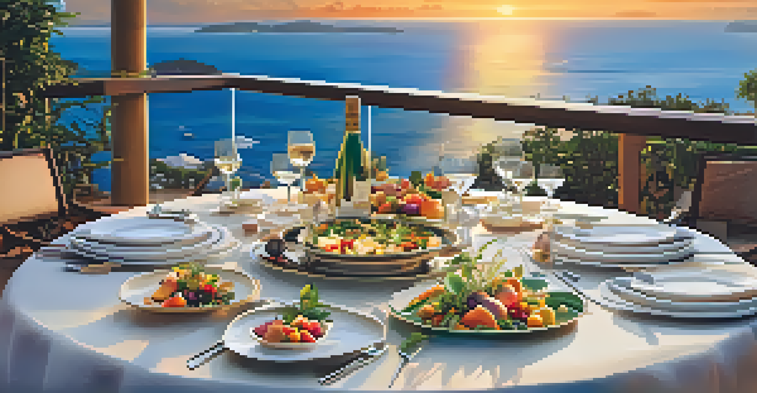 A gourmet dining setup on a terrace with healthy dishes and a view of the ocean at sunset, emphasizing a luxurious culinary experience.