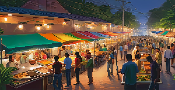 A lively street food market in Brazil during sunset, featuring colorful food stalls and vendors cooking fresh dishes, illuminated by warm string lights.