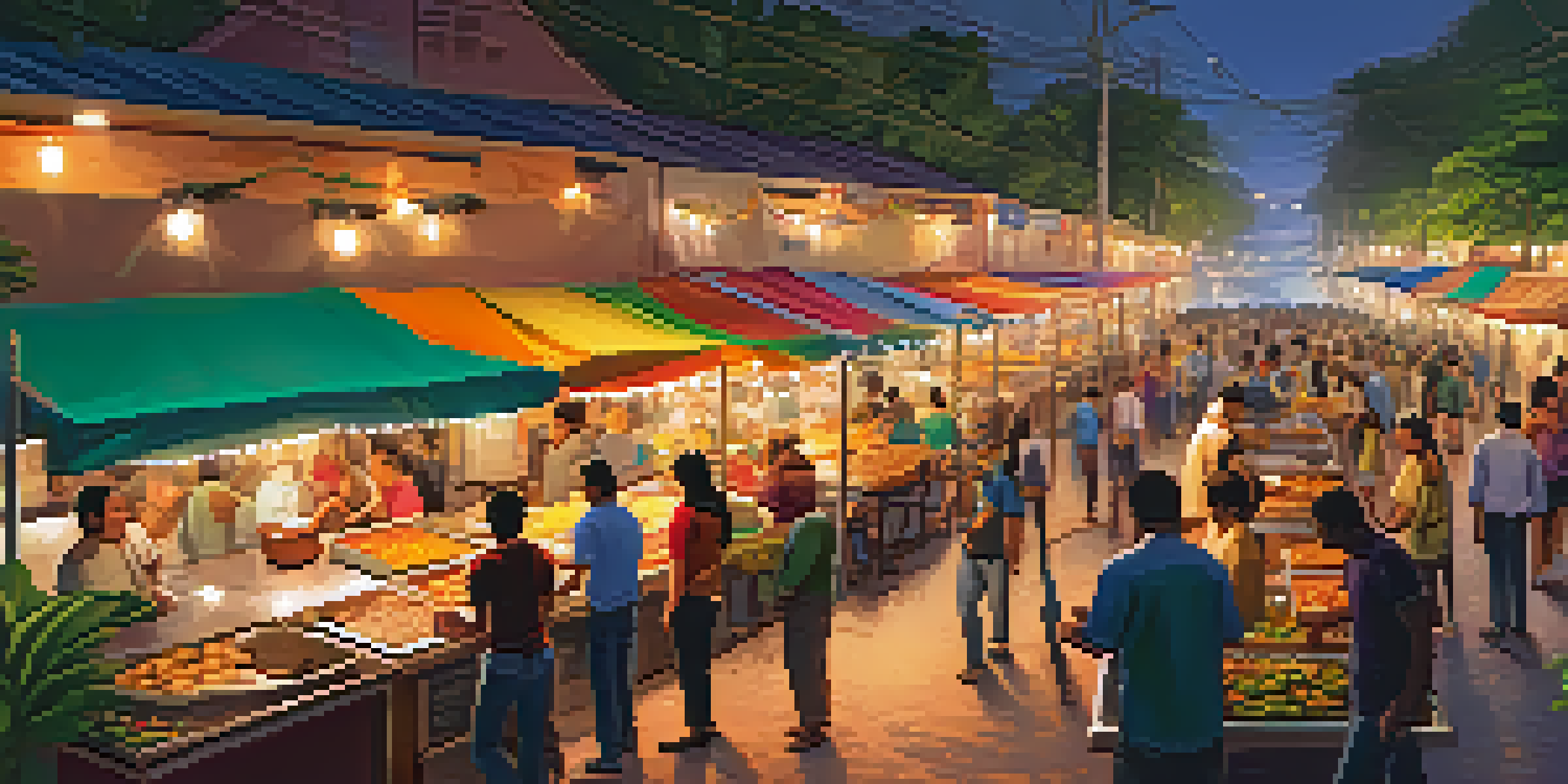 A lively street food market in Brazil during sunset, featuring colorful food stalls and vendors cooking fresh dishes, illuminated by warm string lights.