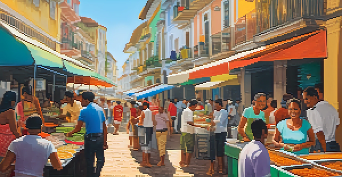 A busy street food market in Salvador, Bahia, with colorful stalls and local vendors serving traditional dishes.