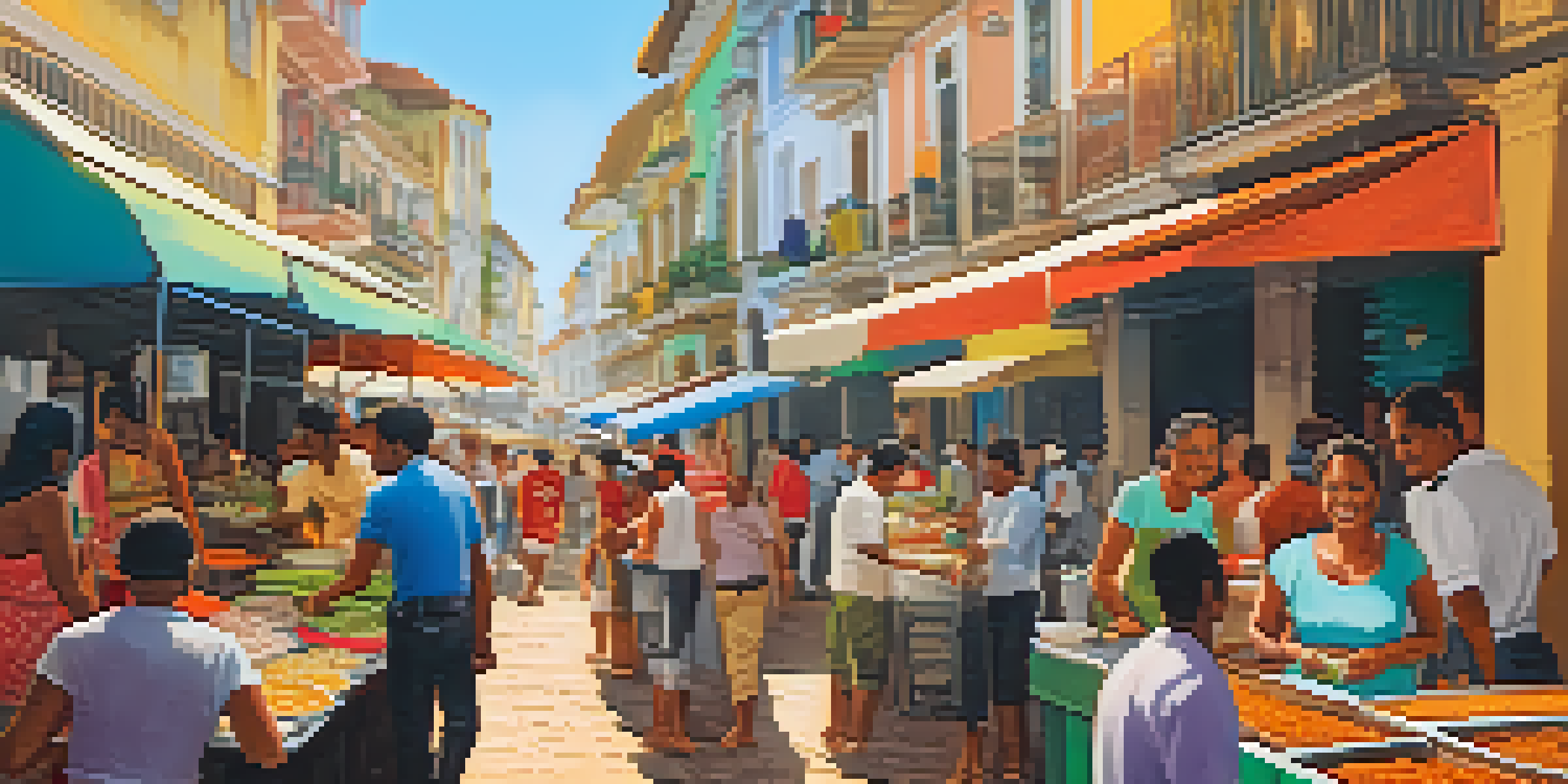 A busy street food market in Salvador, Bahia, with colorful stalls and local vendors serving traditional dishes.