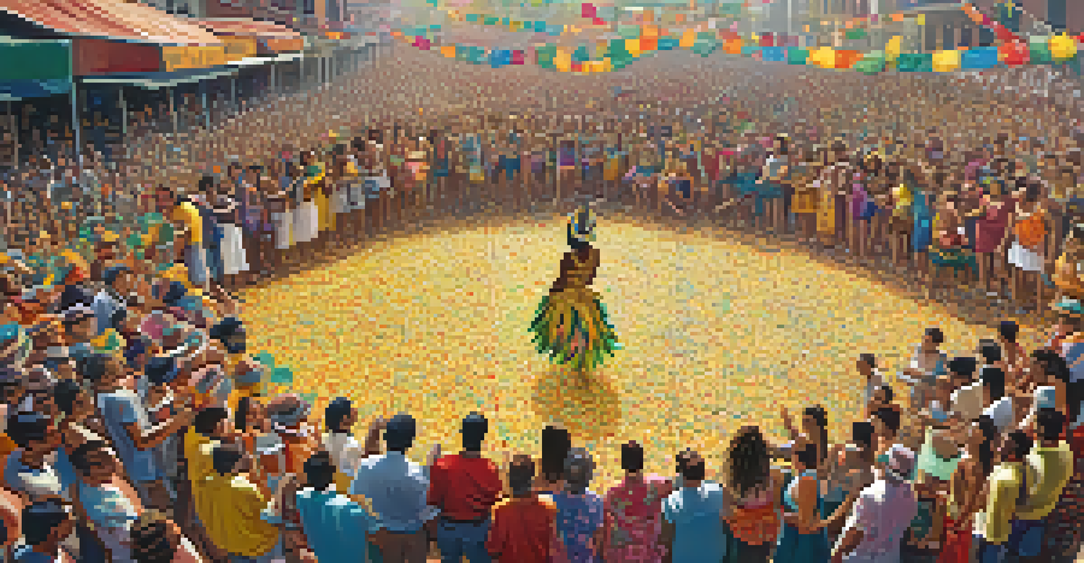 An aerial view of participants in vibrant costumes dancing in a circle during Carnival, surrounded by colorful confetti and an enthusiastic crowd.