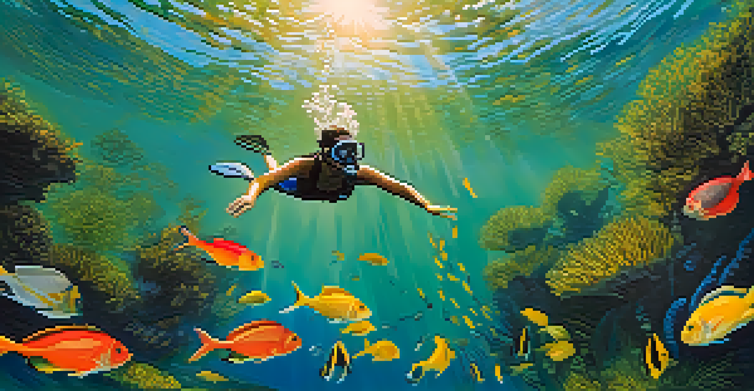 A diver swimming through clear freshwater in the Rio da Prata, surrounded by colorful fish and underwater plants.
