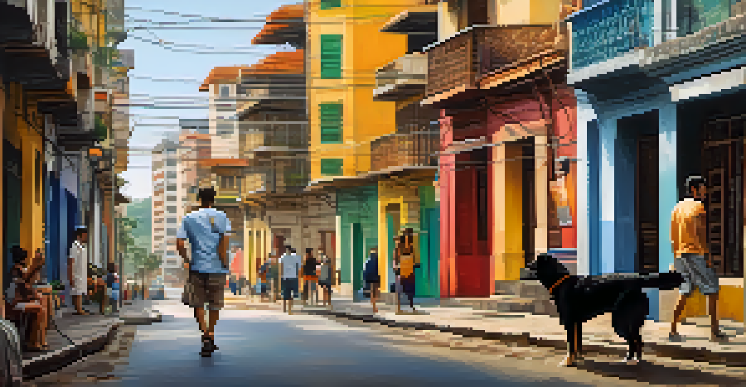 A pet owner walking their dog on a busy city street in Brazil surrounded by colorful buildings and lively pedestrians.