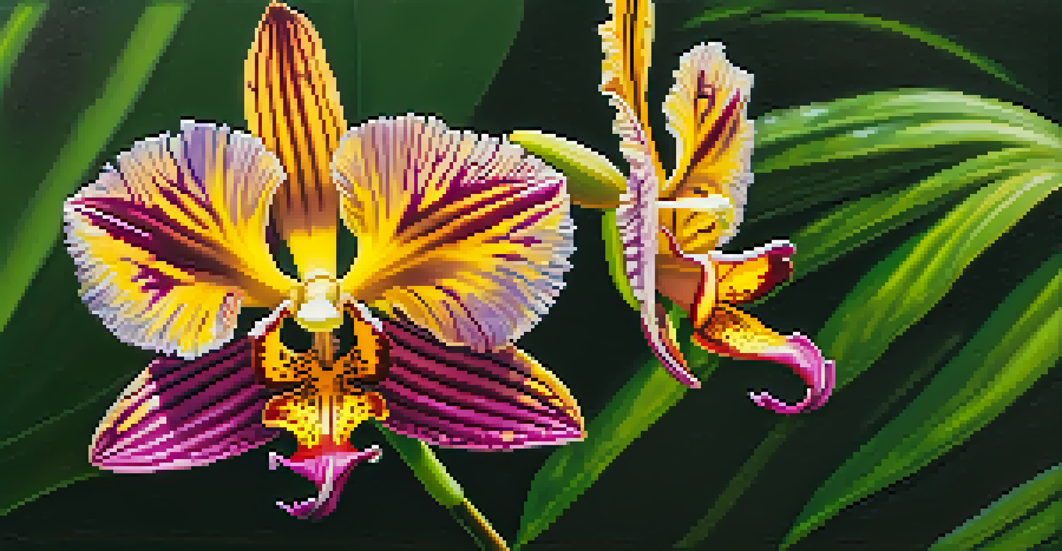 Close-up of a colorful orchid flower in the Amazon rainforest, surrounded by green leaves with soft sunlight filtering through.