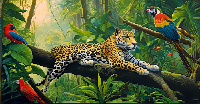 A jaguar resting on a tree branch in the Amazon Rainforest, surrounded by lush greenery and colorful birds under soft sunlight.