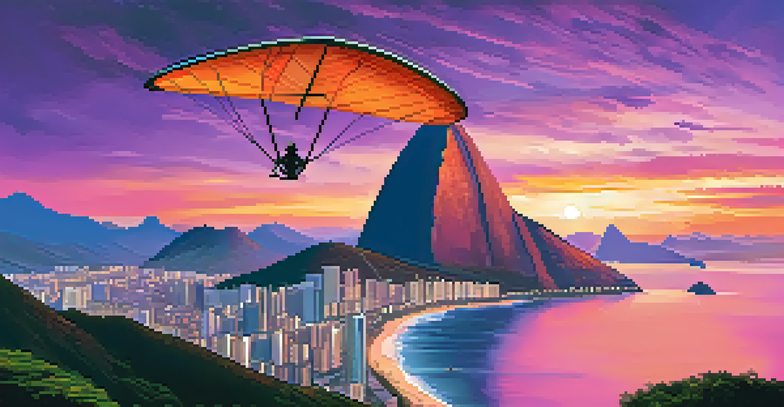 Sunset view of Sugarloaf Mountain with a hang glider flying above, showcasing the beauty of Rio de Janeiro's landscape.