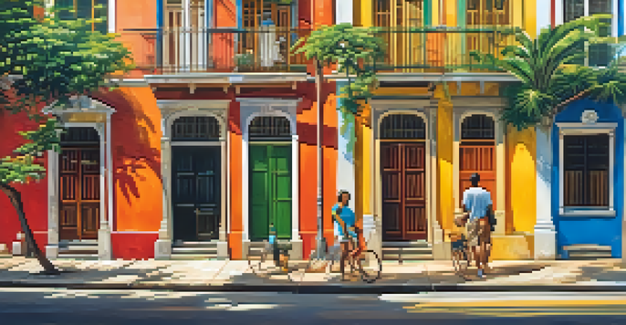 A lively street in Santa Teresa, Rio de Janeiro, filled with colorful murals and colonial houses under warm sunlight.