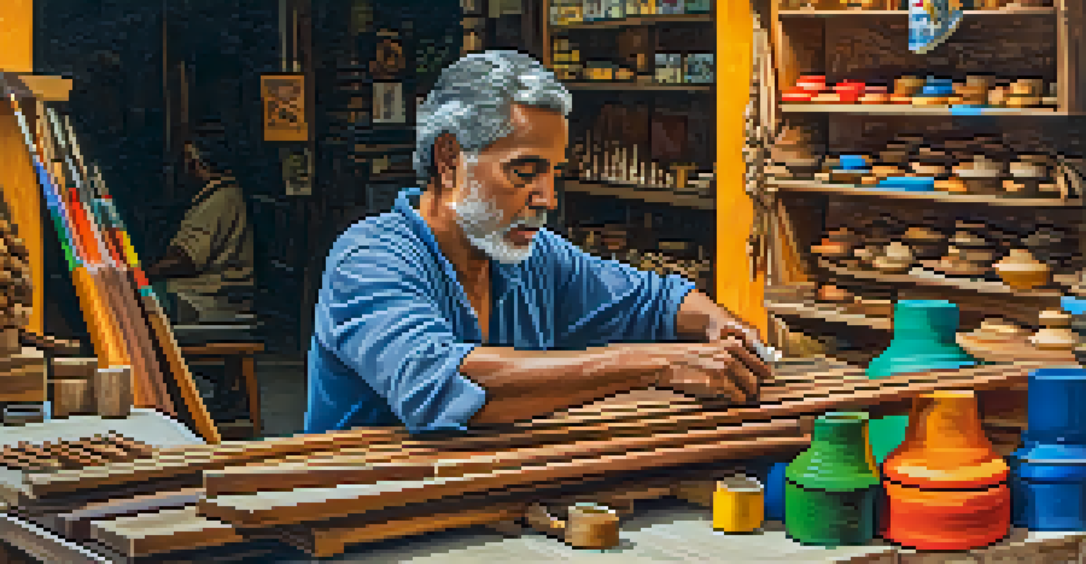 An artisan creating woodwork in a market, surrounded by colorful handmade crafts, with soft natural light highlighting the textures.