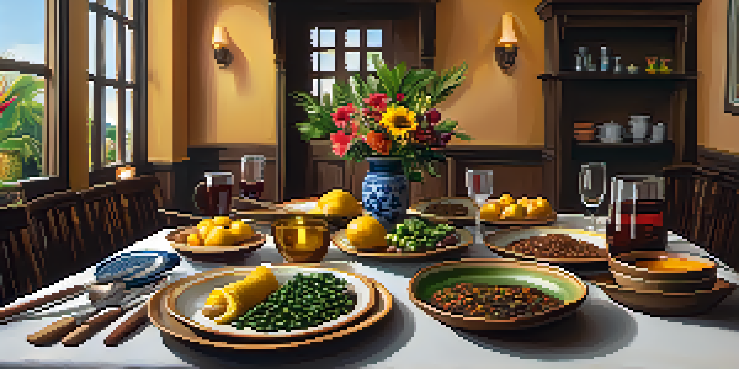 A beautifully arranged Brazilian dining table featuring traditional dishes and warm lighting, creating a cozy atmosphere.