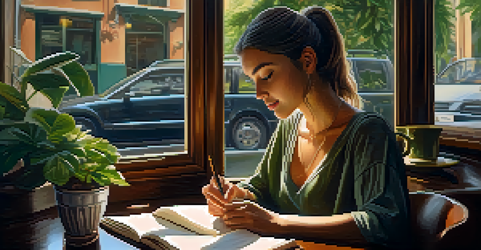 A young female author writing in a café, surrounded by plants and warm lighting, with a coffee cup nearby.