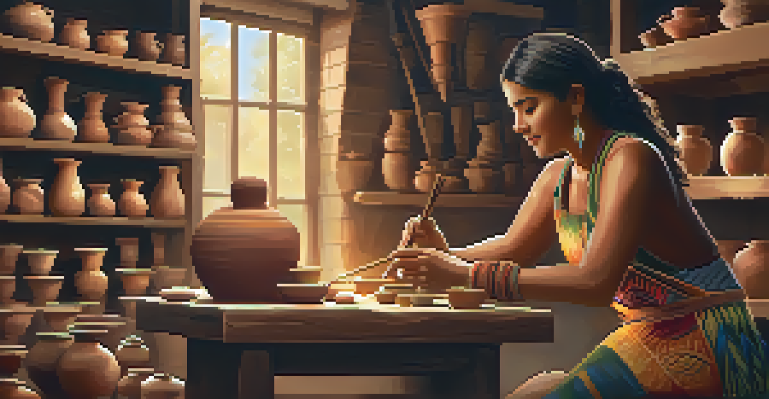 An artisan workshop with a skilled artisan making pottery, surrounded by colorful handicrafts and warm lighting.
