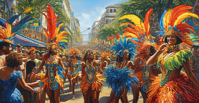 A vibrant Carnival scene in Rio de Janeiro with dancers in colorful costumes, elaborate floats, and a joyful crowd under the sun.