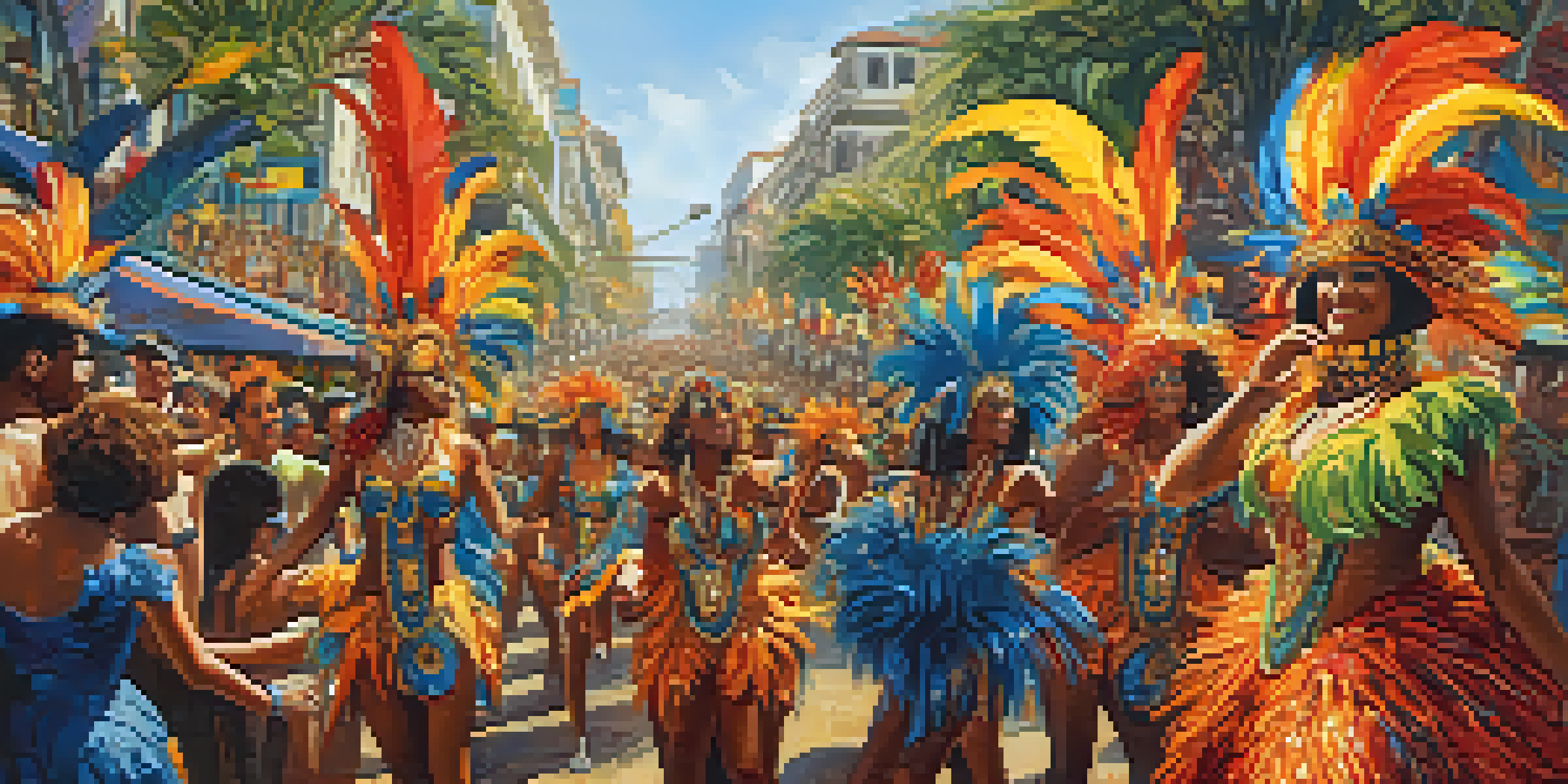 A vibrant Carnival scene in Rio de Janeiro with dancers in colorful costumes, elaborate floats, and a joyful crowd under the sun.